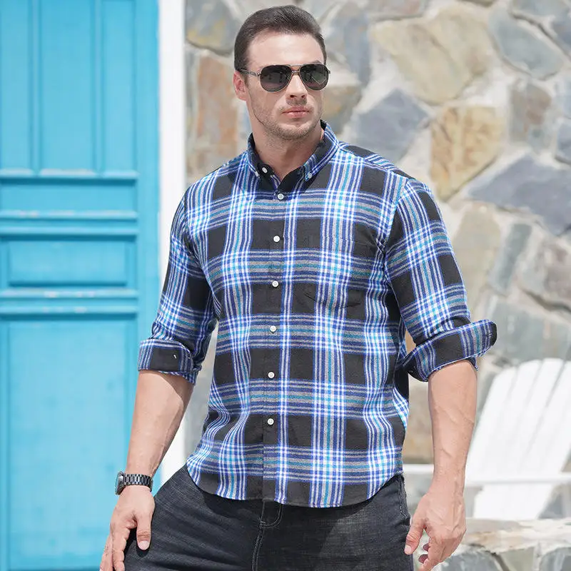 

plus Size Men's Long Sleeve Shirt Autumn Winter Flannel Plaid Shirt Thickened PU Leather Casual Fashion Resistant to Deformation