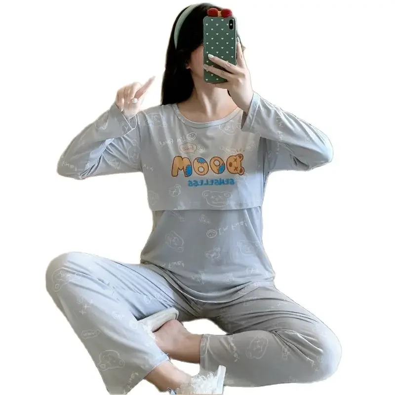 Conjunto pijama de enfermagem feminina pós-parto, pijama maternidade, calças compridas, tops gravidez amamentação desenhos animados, outono