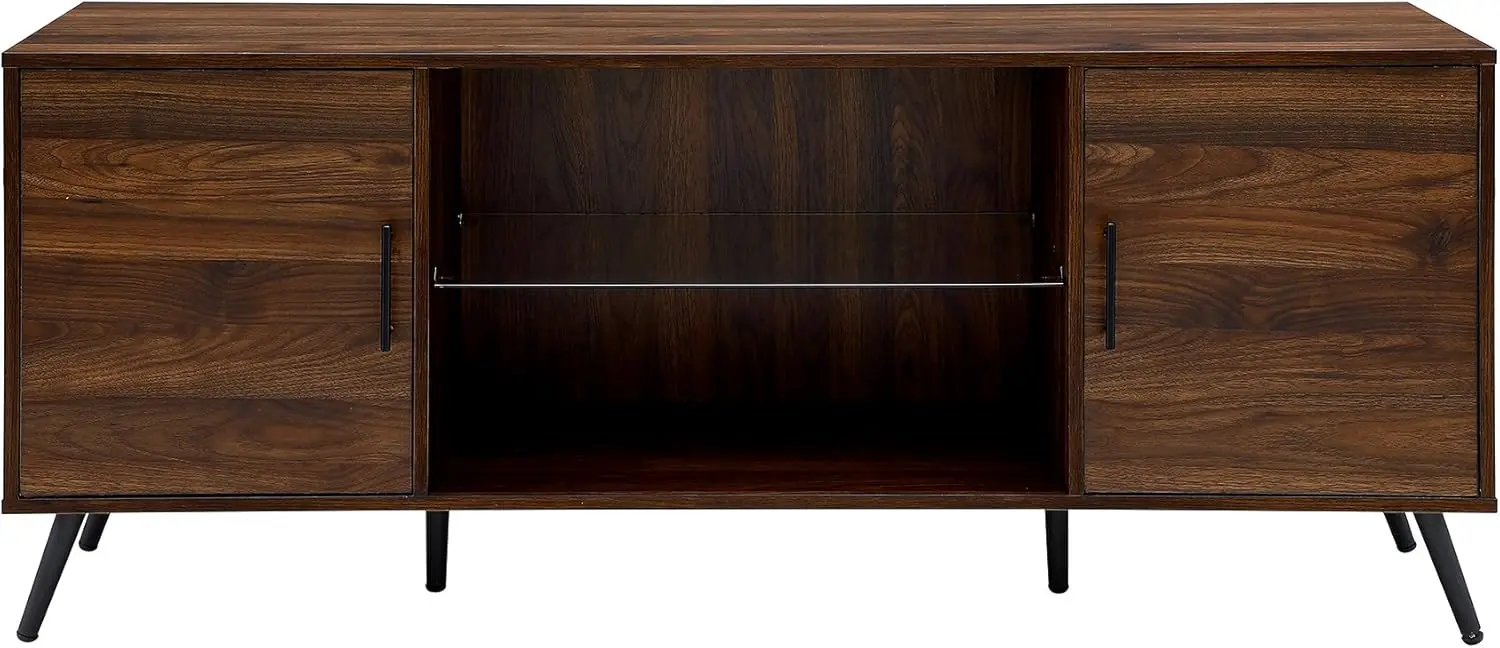 Mid Century Modern Glass Shelf TV Stand for TVs Up To 65 Inches, 60 Inch, Walnut