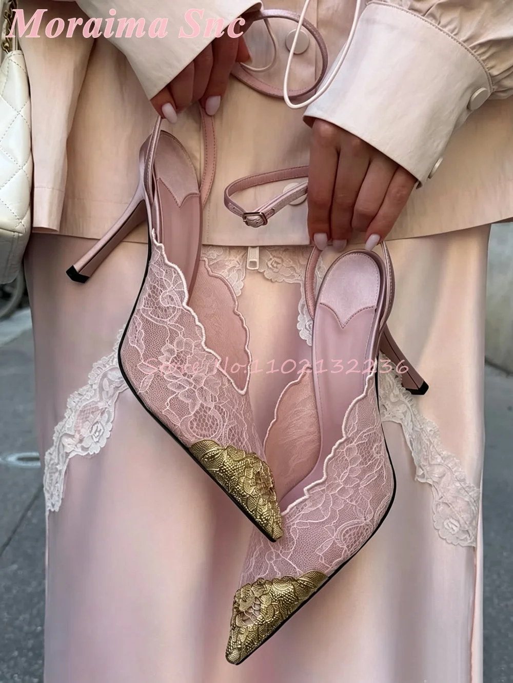 Gold Floral Toe Lace Pointed Toe Sandals Stiletto Heel Buckle Ankle Strap Blush Pink Satin Vintage Bridal Statement Footwear New