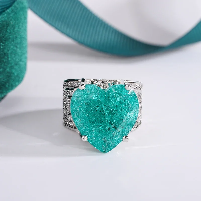 Creative Hollow Paraiba Emerald Heart Shape 925 Silver Plated Couple Ring for Women Zircon Silver Anniversary Gift Jewelry