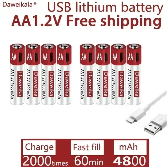 

AA rechargeable lithium battery, 1.2V USB rechargeable AA battery, AA, 4800mAh, toy mouse remote control, free delivery CE FCC