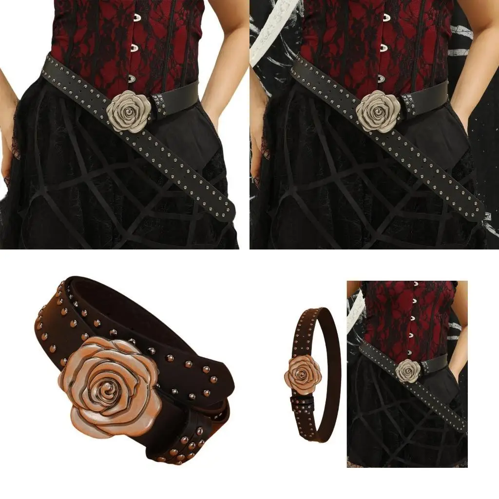 

39BD Rivet Studded Belt Carved Flower Buckle Belt Adult Teens Street Wear Waistbelt