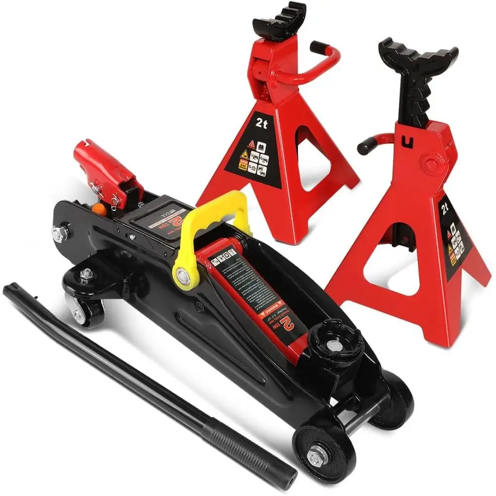 

2 Ton Steel Hydraulic Floor Jack Set with Jack Stands, Single Piston Quick Lift Pump, Trolley Service Car Jack, Red and Black