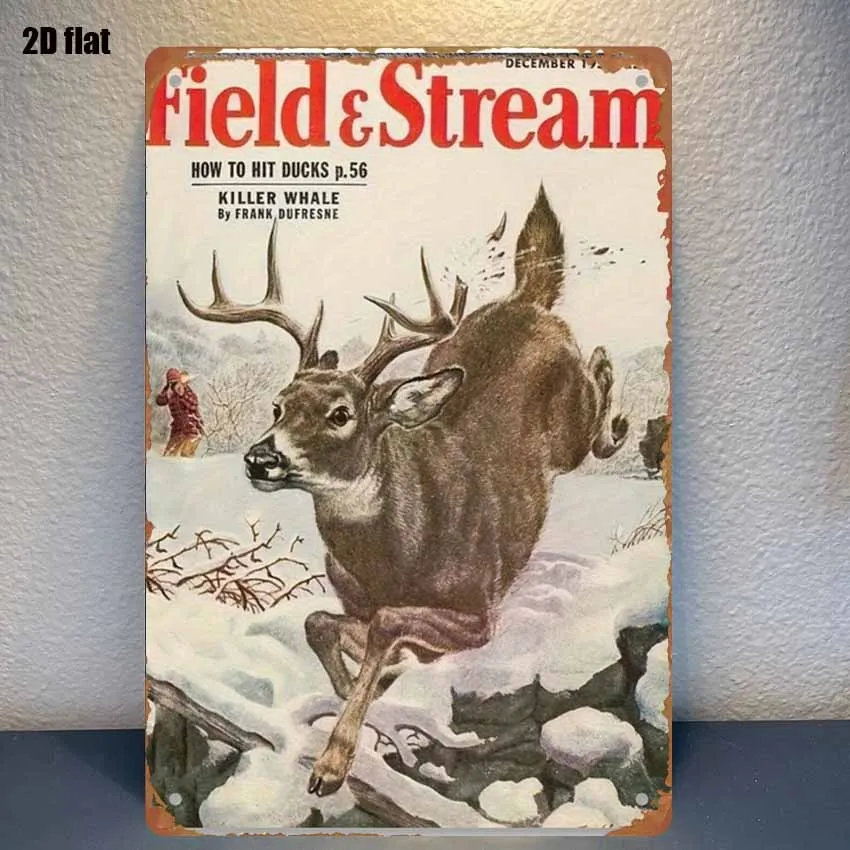 Metal Sign Scene: Stream, A Sturdy Deer Jumping on Snow-covered Rocks, Decorative, Metal Wall Art, Rustic Style Wall Decor