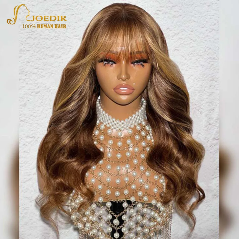 Hightligh Brown Body Wave Human Hair Lace Wigs With Curtain Bangs Brazilian Remy Hair Ready to Wear Part Lace Loose Wavy Wigs