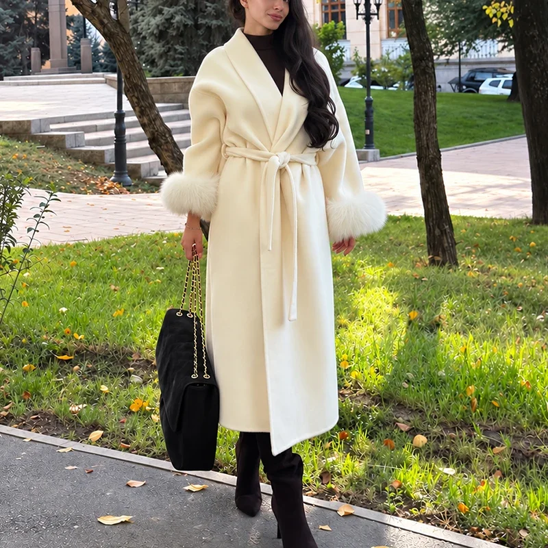 TARUXY Fox Fur Woolen Long Coats Women's Office Lady Removable Elegant Coat Double-sided Wool Overcoat 2025 New Cardigan Jacket