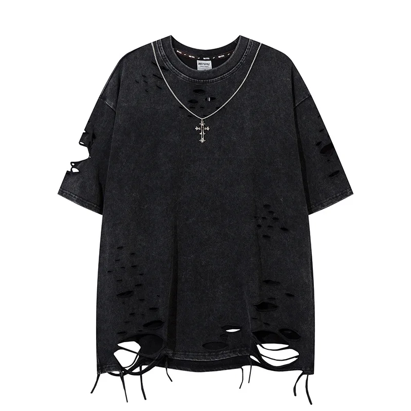 2024 Summer New Washed Destroyed Tops and T-shirts Retro Distressed Necklace T-shirt Harajuku Oversized Lazy Ripped T Shirt