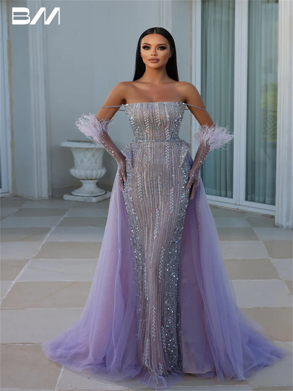 

Sparkly Detachable Sleeve Sequins Cocktail Party Gown Luxury Feather Strapless Homecoming Dress Sexy Vestidos De Novia