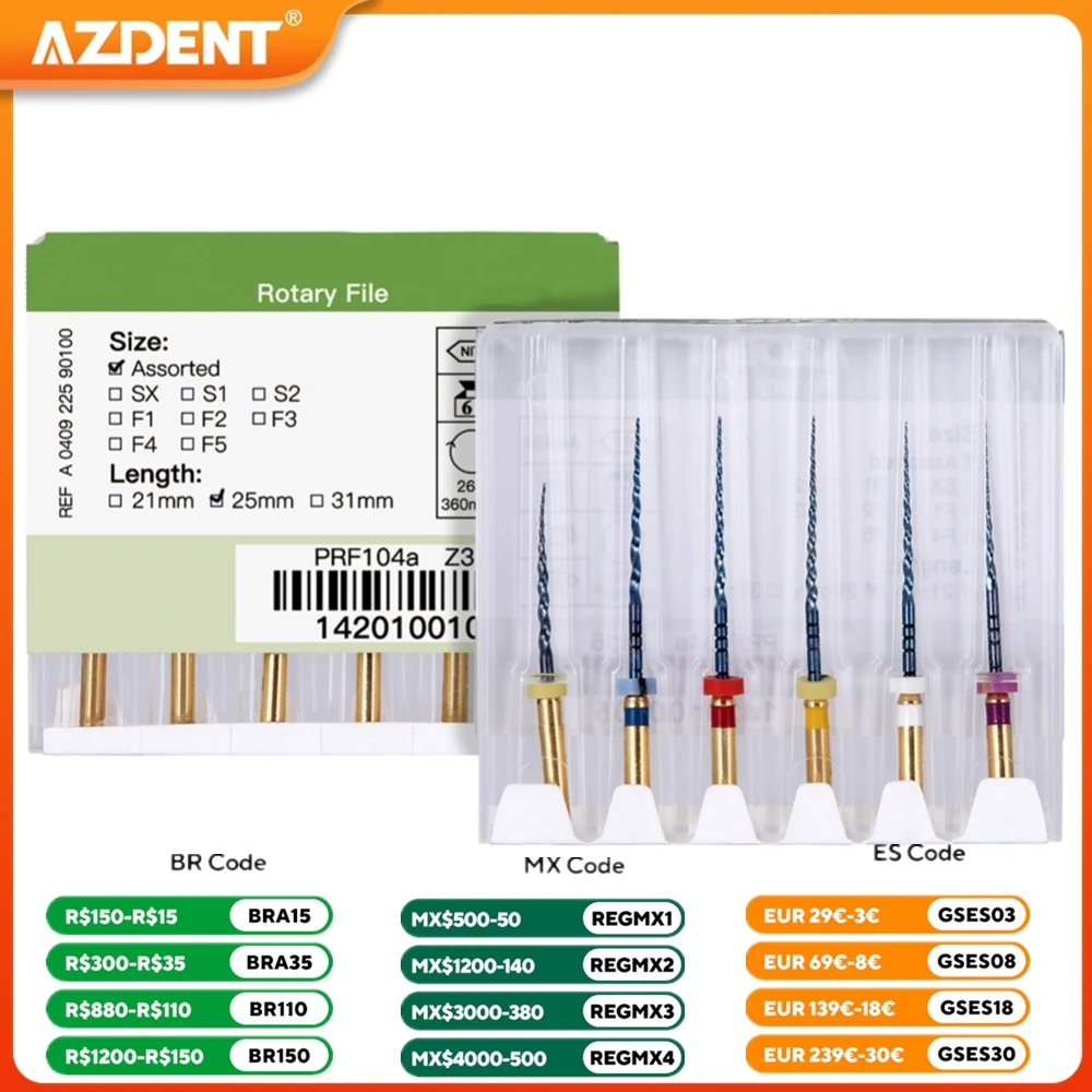 6Pcs/Box Dental Heat Activated Root Canal Files AZDENT Endodontic Engine Use File NiTi Super Rotary 25mm SX-F3 Dentistry Tools