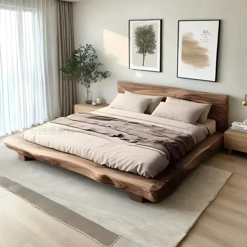 Wabi-Sabi-Stil Massivholz-Doppelbett mit Naturkanten-Design, Patentierte Reine Massivholzmöbel im Blockholz-Stil
