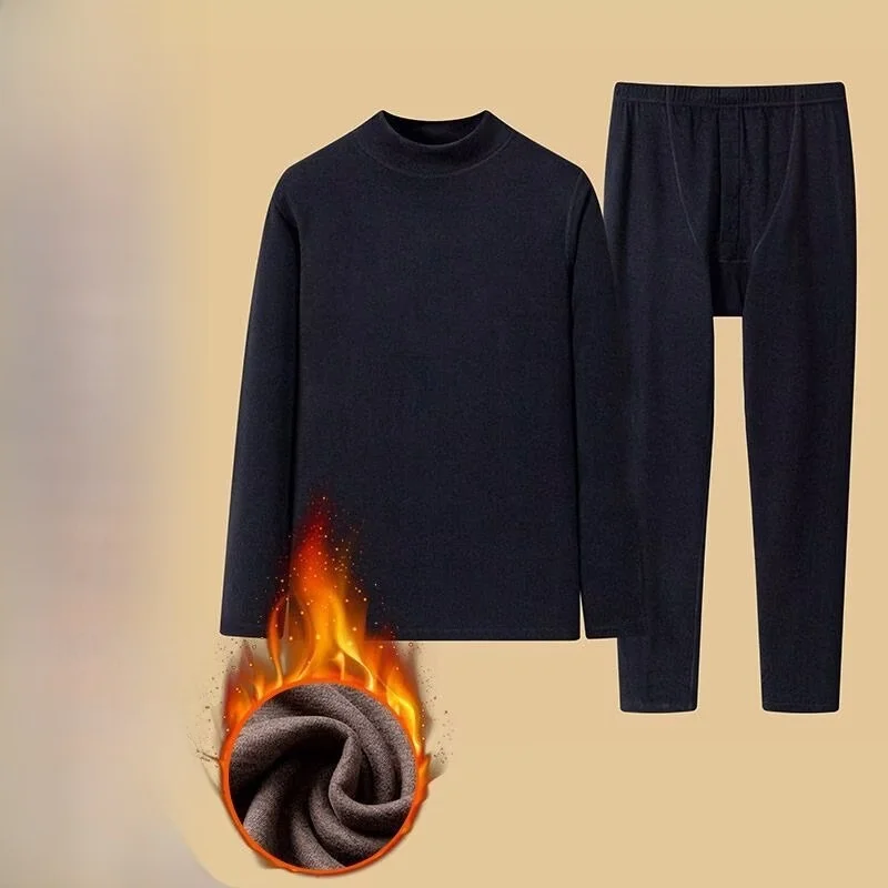 

Men's Mid-High Collar Thickened Fleece Lined Thermal Underwear Set Warm Comfortable Breathable Base Layer Shirt And Pants