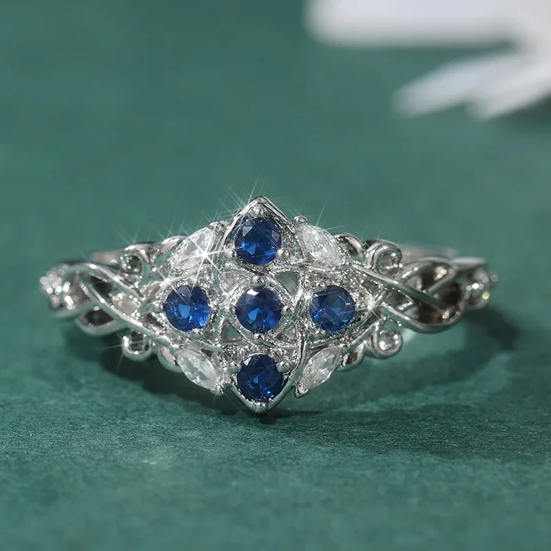 Luxury Sparkling Blue Synthetic Zirconia Silvery Eternal Ring Women's Fashion Delicate Banquet Wedding Jewelry Accessories Gifts