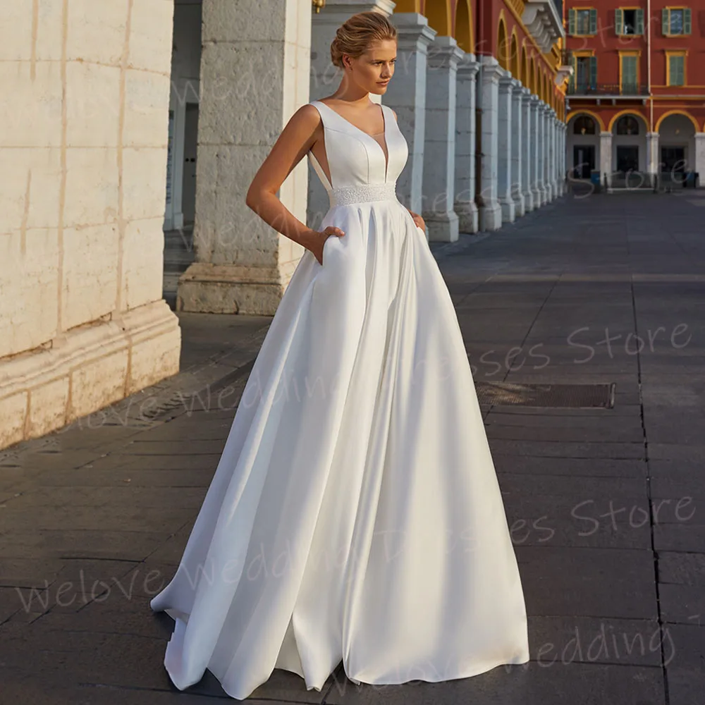 

Simple Satin A Line Women's Wedding Dresses V Neck Sleeveless Vestidos De Novia Customized Bride Gowns Backless Hochzeitskleid