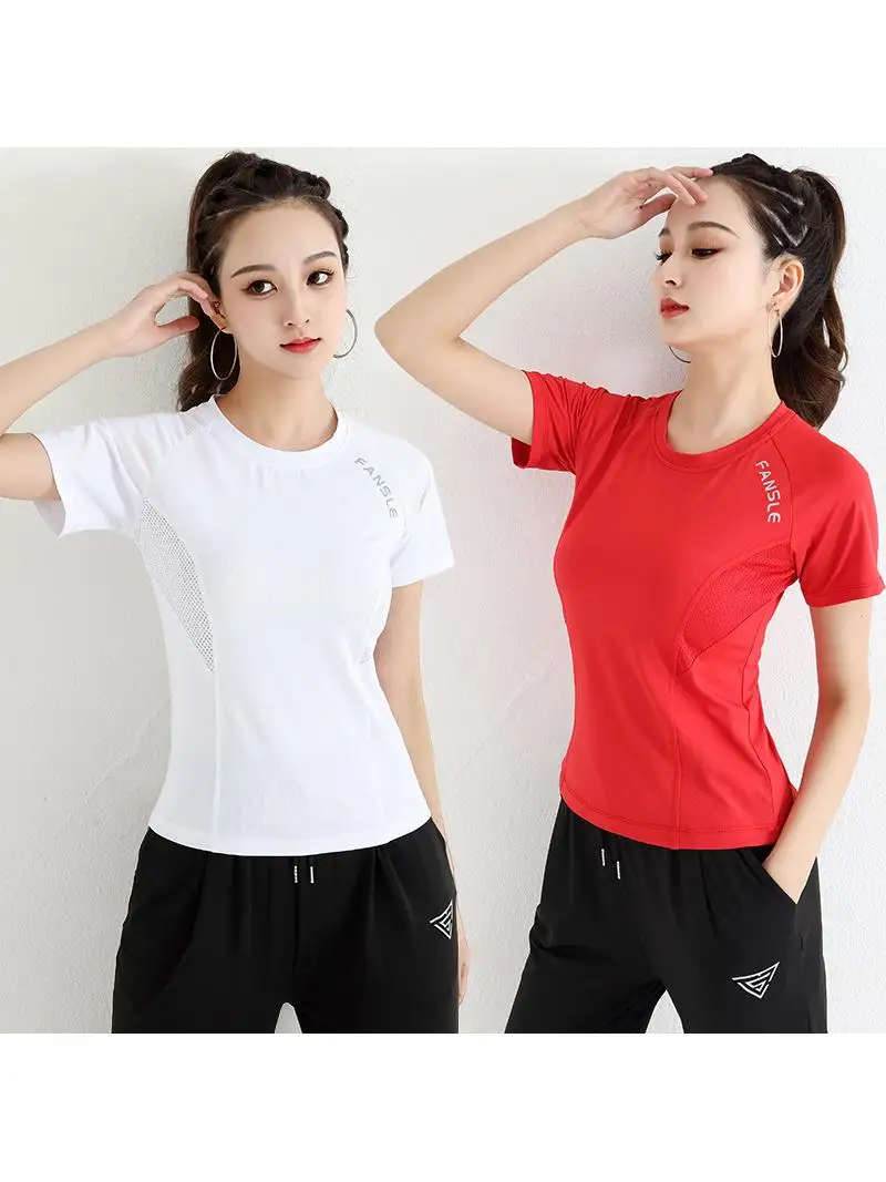 新しい女性のフィットネスランニングスポーツスクエアダンススーツ速乾性長袖半袖tシャツトップ春夏秋