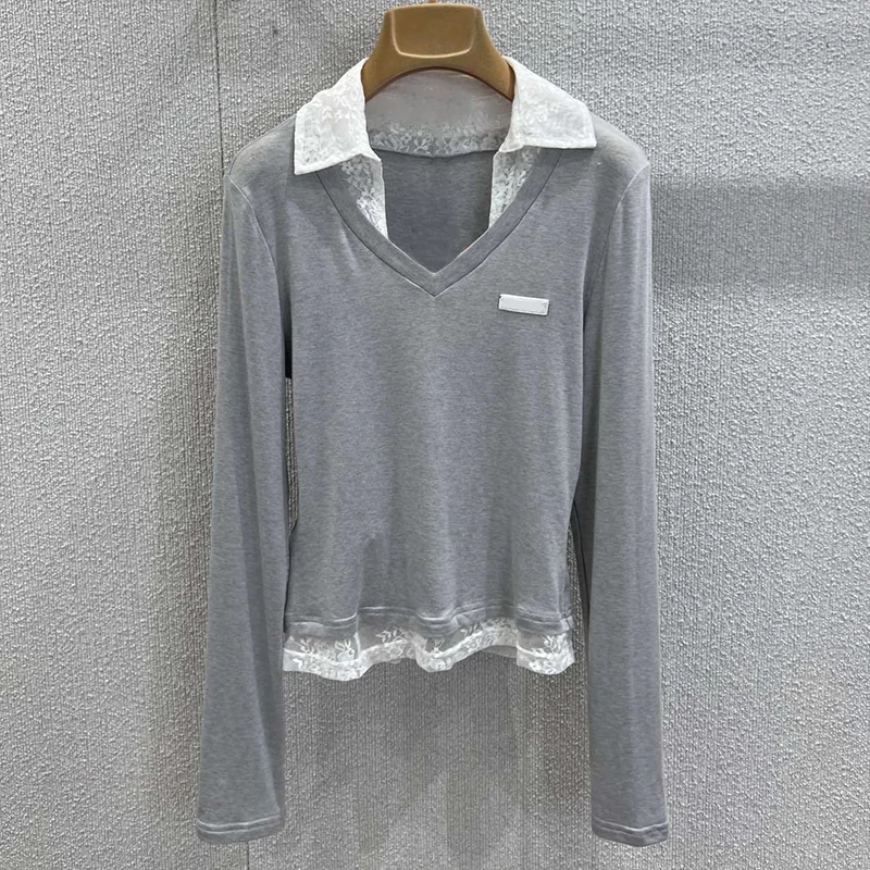 

Высококачественная двухслойная женская рубашка с длинными рукавами из чистого хлопка с кружевной прошивкой, сексуальный соблазнительный стильный топ 25100809