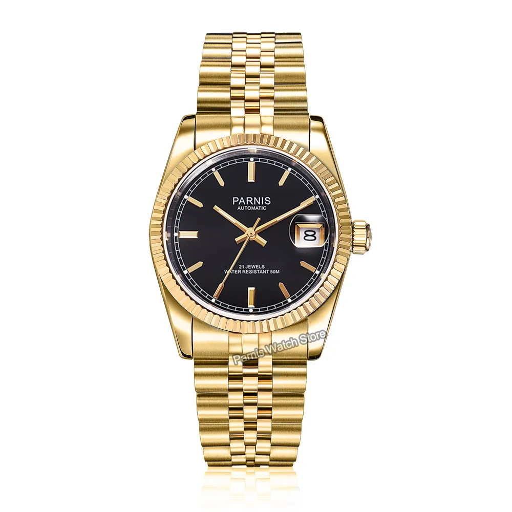 Parnis 36mm 21 Jewels Automatic Mens Watch Sapphire Crystal Gold Stainless Steel Wristwatch