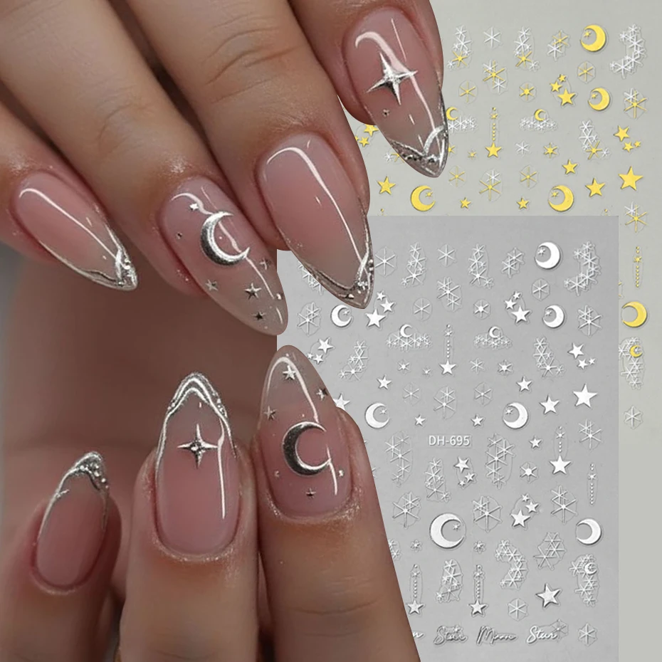 2 pcs 3D Slivery Golden Stars Moon Nail Stickers Multi-styled Stars Moon Adhesive Sliders for Nails Ramadan Festival Nail Decor