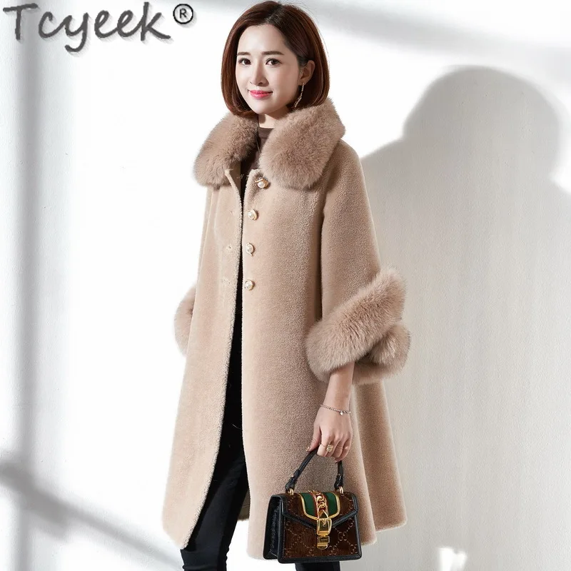 Tcyeek 100% Wool Jacket Warm Fox Fur Collar Fashion Sheep Shearling Coat Winter Jackets for Women Mid-length Women's Fur Coat