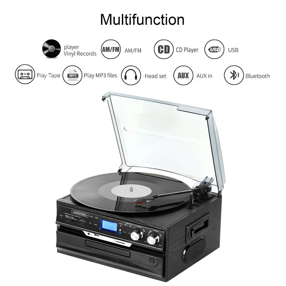 YYHC-Customized 3 Speed Turntable Player Vinyl Record Player Bluetooth CD Cassette Player Radio Portable