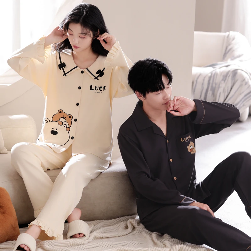High Quality Couple Pajamas Set Spring and Autumn Cute Cartoon Sleepwear Men And Women 100% Cotton Turn-down Collar Pijama image 2