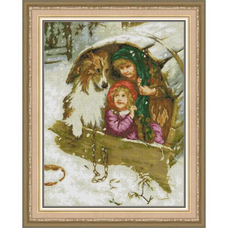 

Maydear Full Cross Stitch Kit, 11CT/14CT/16CT/9CT Aida Fabric Set-Children playing with sheepdogs
