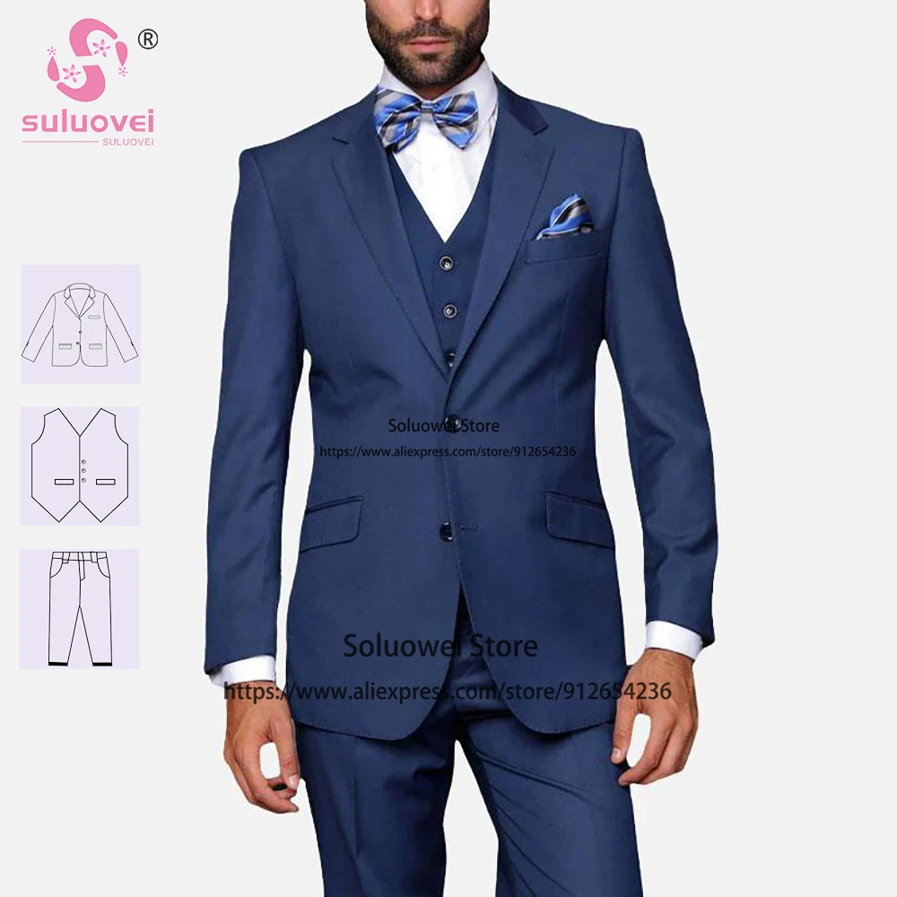 

Classic Navy Blue Slim Fit Suits For Men Custom Made 3 Piece Pants Set Formal Groom Wedding Notch Lapel Tuxedos Blazer Masculino