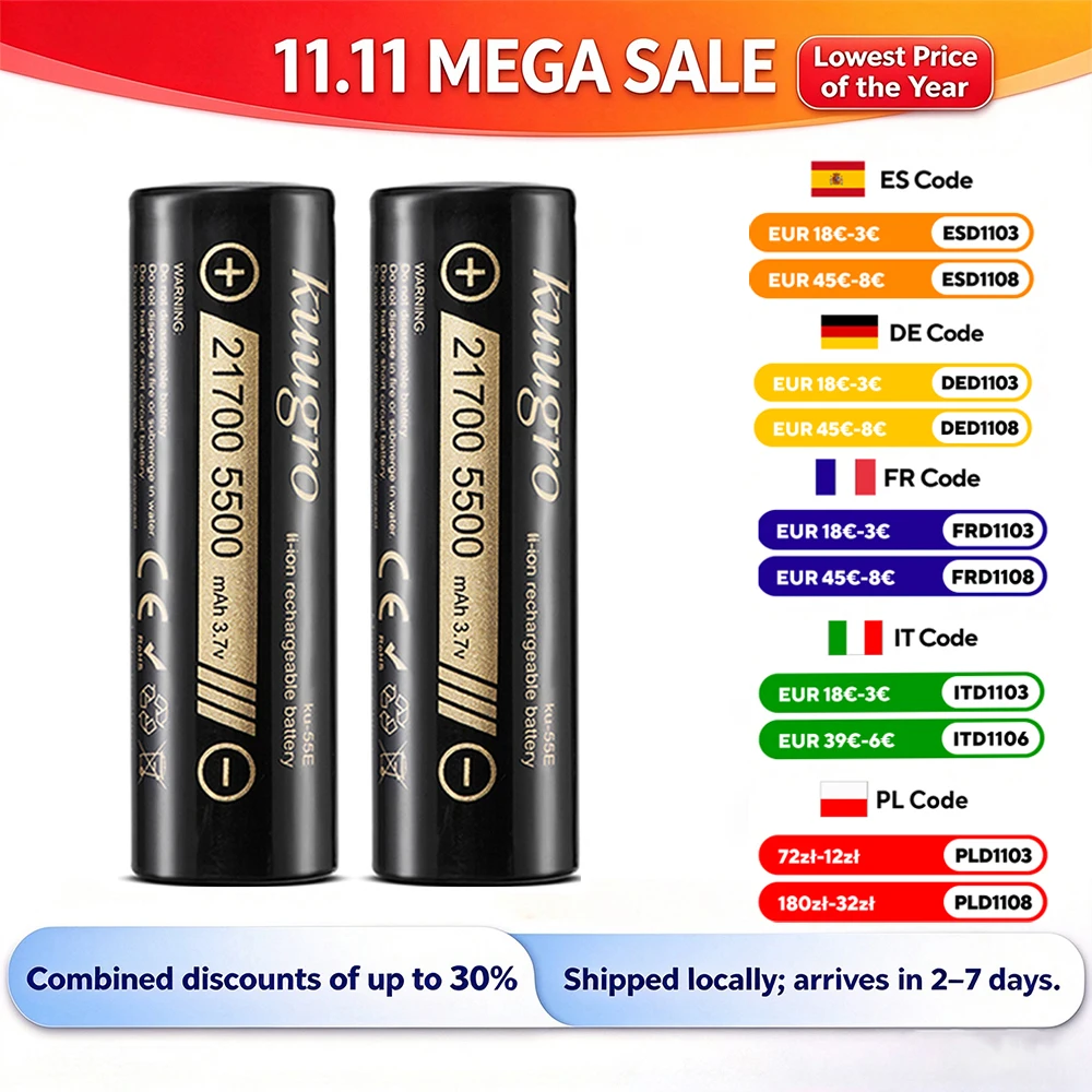 Akumulator litowy Kuugro 21700 5500mAh 3.7V, ładowalny, o wysokiej mocy, z wyładowaniem 2C, do urządzeń o dużej mocy.
