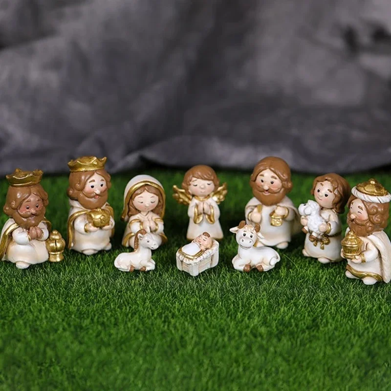 Christmas Manger Decoration Set Cartoon Jesus Holy Figure Resin Figurines for Home Bedroom Living Room Decoration