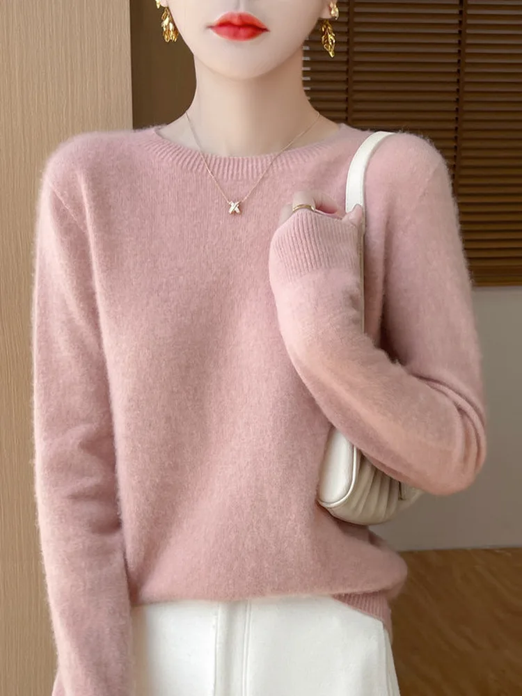 Soft Lazy Style round Neck Pure Wool Knitted Sweater Women's Autumn Winter Oversize Versatile Base Shirt One Line Ready-to-wear