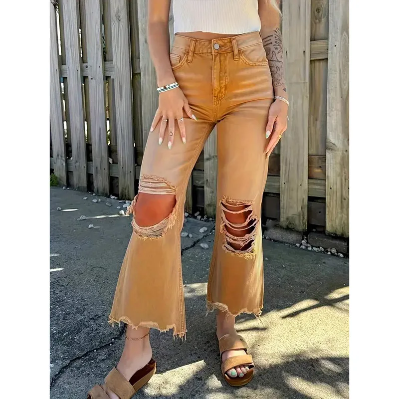 

2026 Girls High Waist Loose Fit Semi-elastic Waist Jeans Female Ripped Frayed Hem Ankle-length Jeans Women Korean Fashion Pants