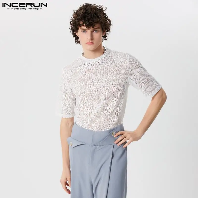 INCERUN Men T Shirt Lace Transparent O-neck Sexy Short Sleeve Summer Camisetas Streetwear 2024 Fashion Casual Men Tee Tops S-5XL