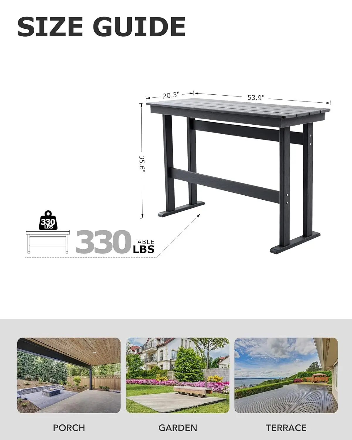 HDPE Outdoor Bar Height Patio Table, 54” All-Weather Outdoor High Top Tall Pub Rectangular Bar Table for Balcony, Backyard, Gard