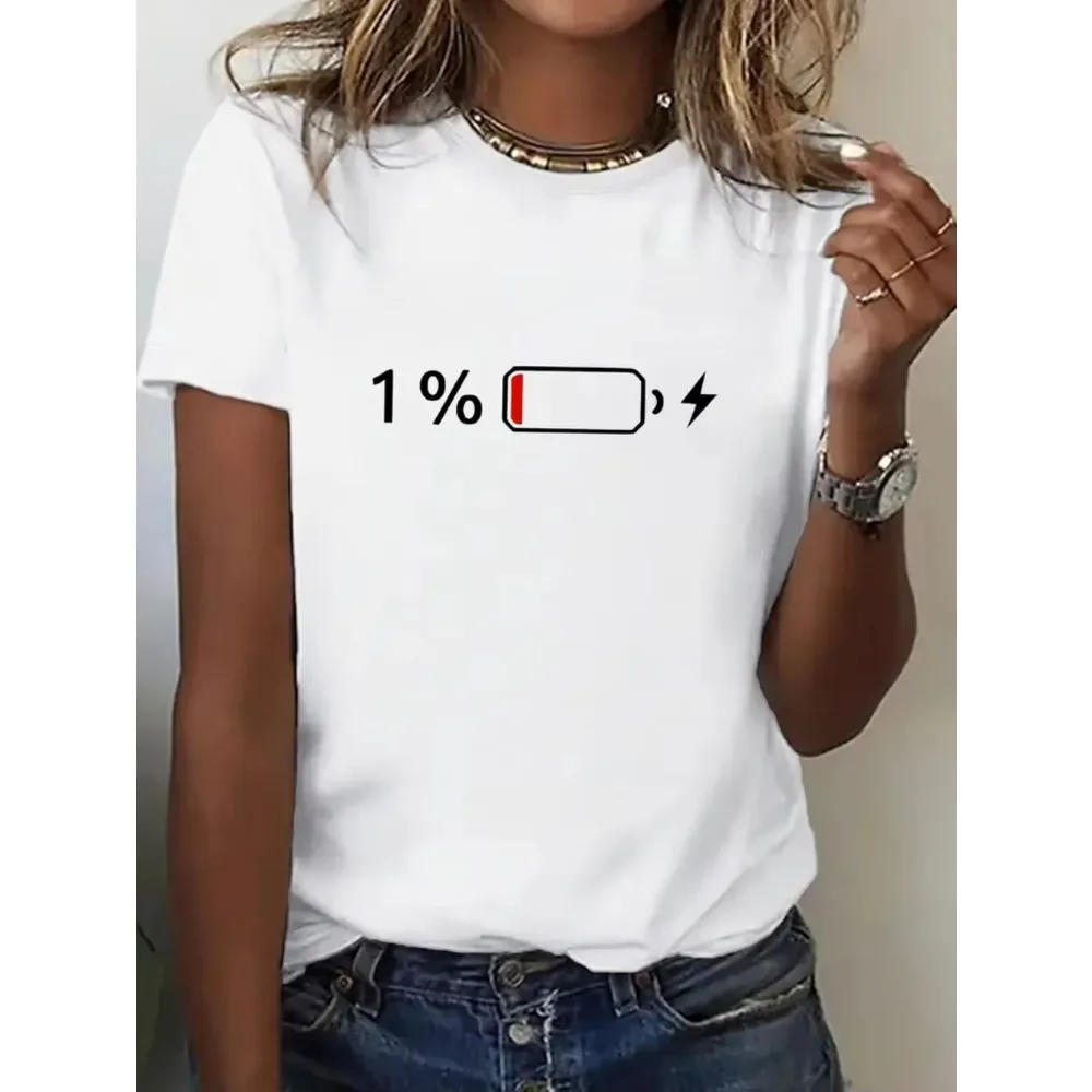 Cotton T Shirt 1% Battery Print Graphic Casual T-Shirt Short Sleeve T Shirt Women's Fashion T-Shirt Clothing Top Tee Girls