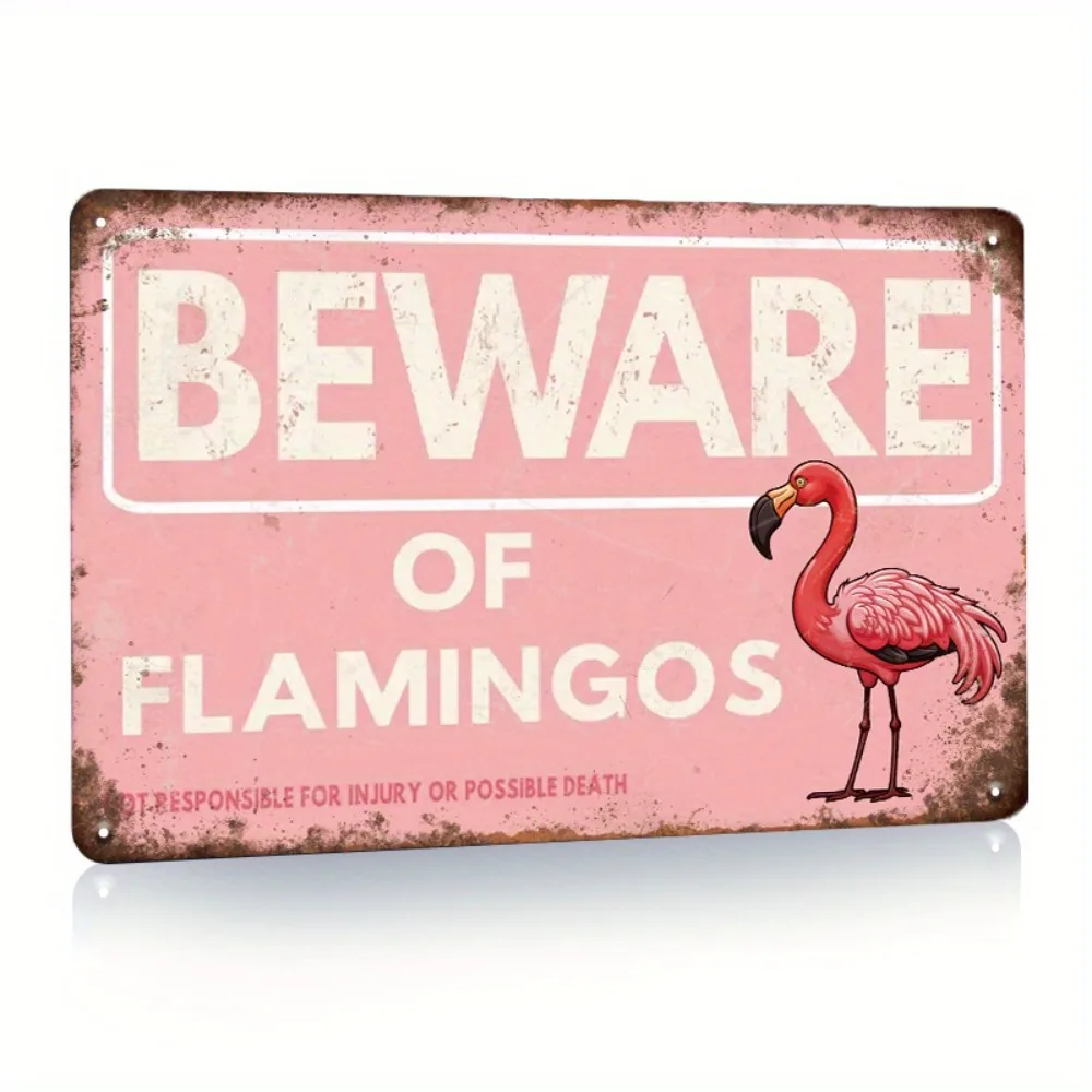 Vintage “Beware of Flamingos” Metal Sign, Pink Whimsical Yard Art 8x12 Inch for Patio, Garden & Outdoor Decor