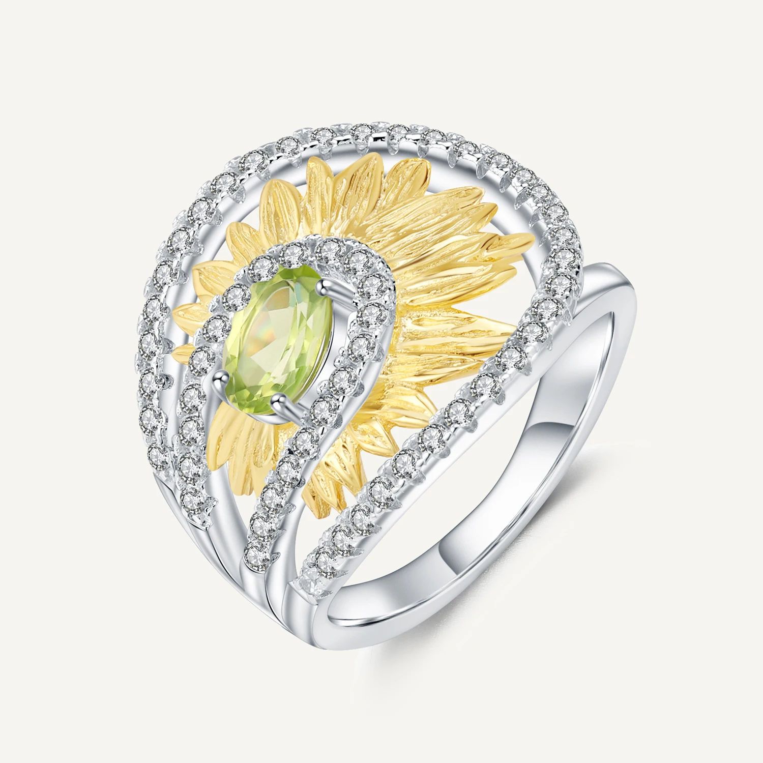 

GEM'S BALLET 0.86Ct Natural Peridot Sunflower Rings 925 Sterling Silver Creative Handmade Ring for Women Wedding Fine Jewelry