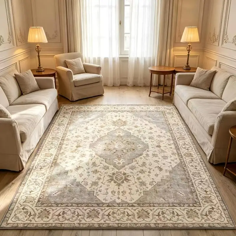 1PC Vintage Large Light Beige Gray Area Rug, Eclectic Washable Indoor Rug for Living Room, Bathroom, Kitchen, Hallway, Laundry, Porch Decor