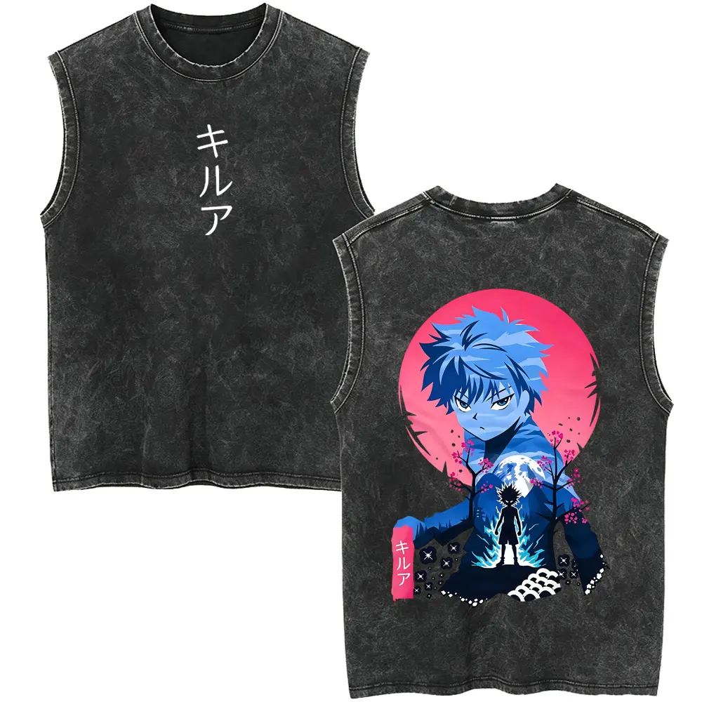 Anime Hunter X Hunter Vintage Washed Tank Tops Manga Killua Zoldyck Gon Freecss Merch Sleeveless Vest Men Women Casual T Shirts