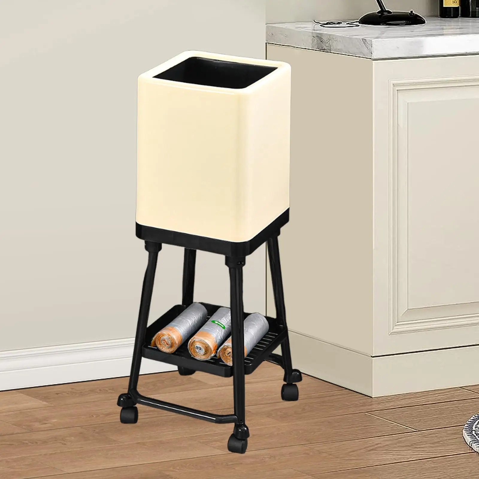 

Trash Can with Wheels Dustbin Waste Paper Bucket for Office Bedroom Bathroom