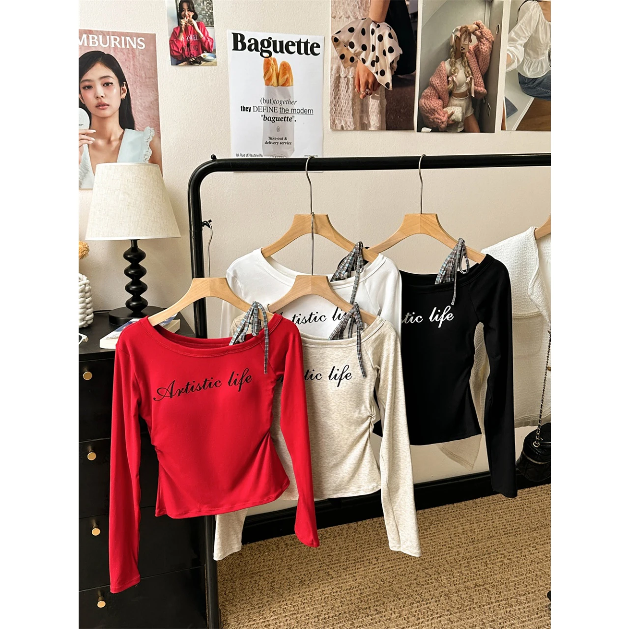 Slim Fit Long Sleeve T-Shirt with Chest Pad Korean Style Hot Girl Print Lettering Casual Versatile Autumn Top City Walk Ready