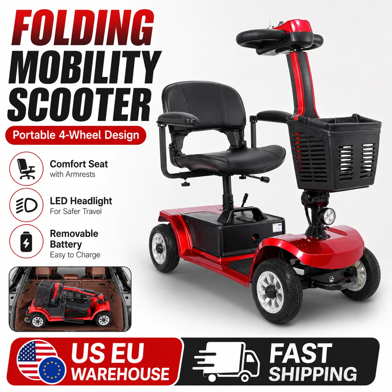 Electric Mobility Scooter for Seniors, 120kg Load Capacity, 6km/h Top Speed, Up to 15km Travel Range, Removable Lithium Battery, Lightweight Aluminum Alloy Frame, Comfortable Seat, Compact Design, Easy to Operate
