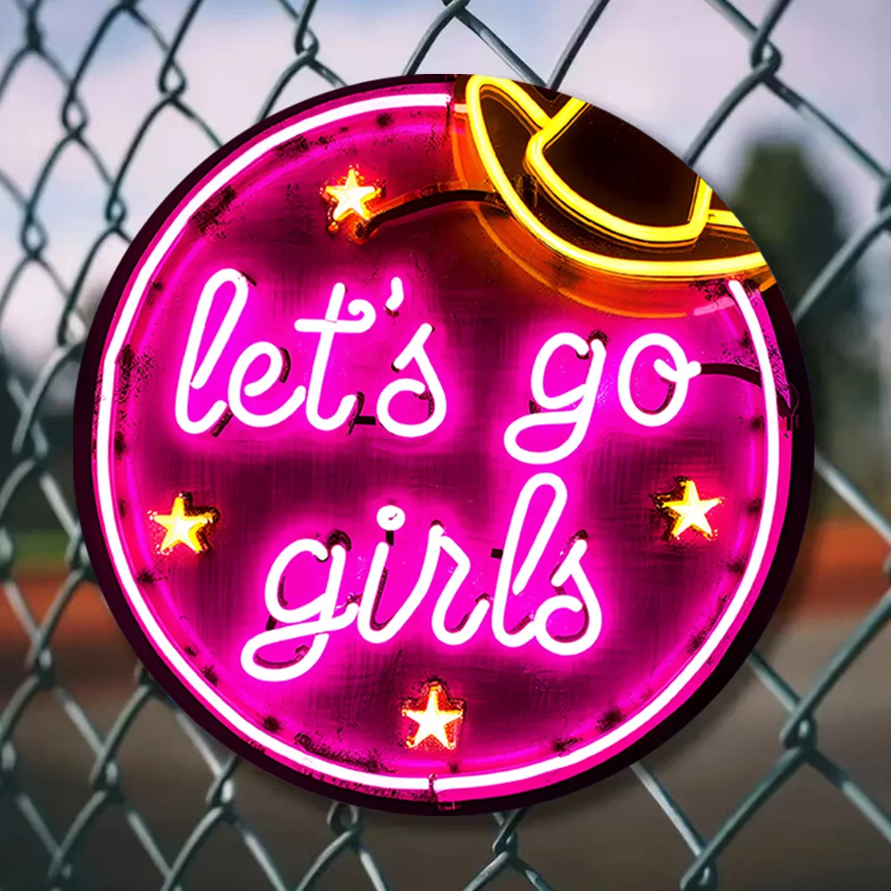 2D Retro Metal Tin Sign, Let's Go Girls Pink Neon Wall Decor, Round Western Cowboy Hat Graphic, Waterproof Fade-Resistant Iron A