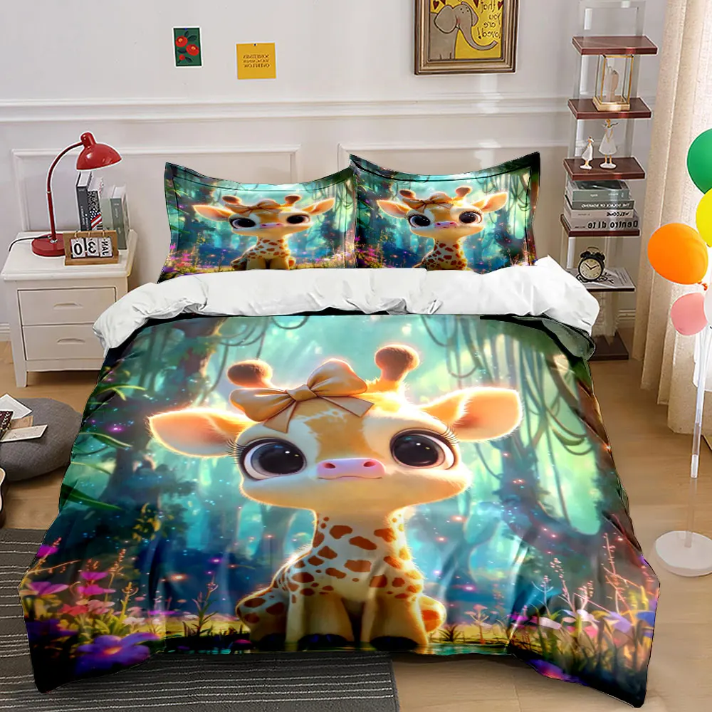 Adorable giraffe in enchanted forest Bedding Set for Kids Luxury Gift 3pcs Digital Print Comforter Set Soft Comfortable