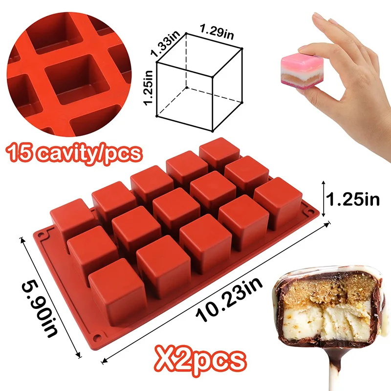 Square Cake Pop Mold Silicone 2Pcs 15 Cavity Lollipop Mold Candy Chocolate Cubes,Cake Pops Maker for Pastry Baking,Truffle,Jello