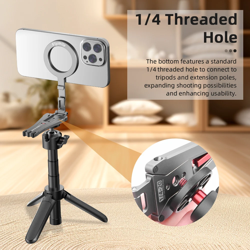 Flymile Magnetisches Selfie-Stick-Stativ für iPhone 16, 15, 14, 13, 12 Pro Max, faltbares Telefon, 1/4 Zoll Löcher, kompatibel mit MagSafe – Detail 9