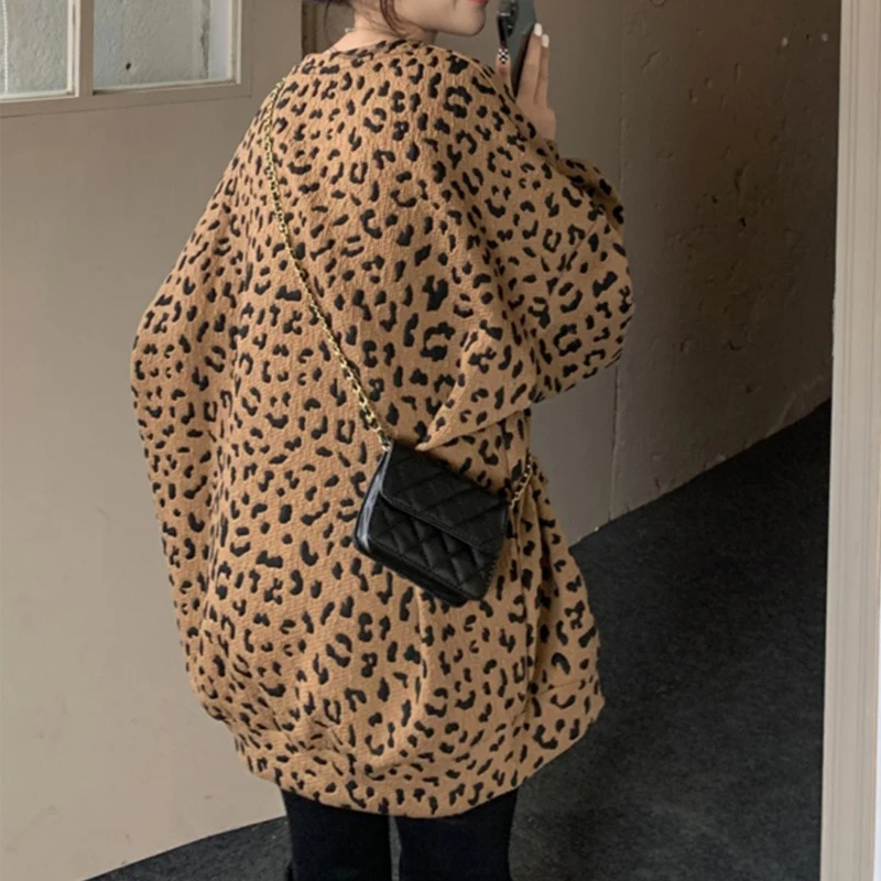 Women Vintage Fashion Leopard Print Streetwear Oversized Sweatshirt Y2K Harajuku Casual Hoodies O Neck Long Sleeve Pullover Tops