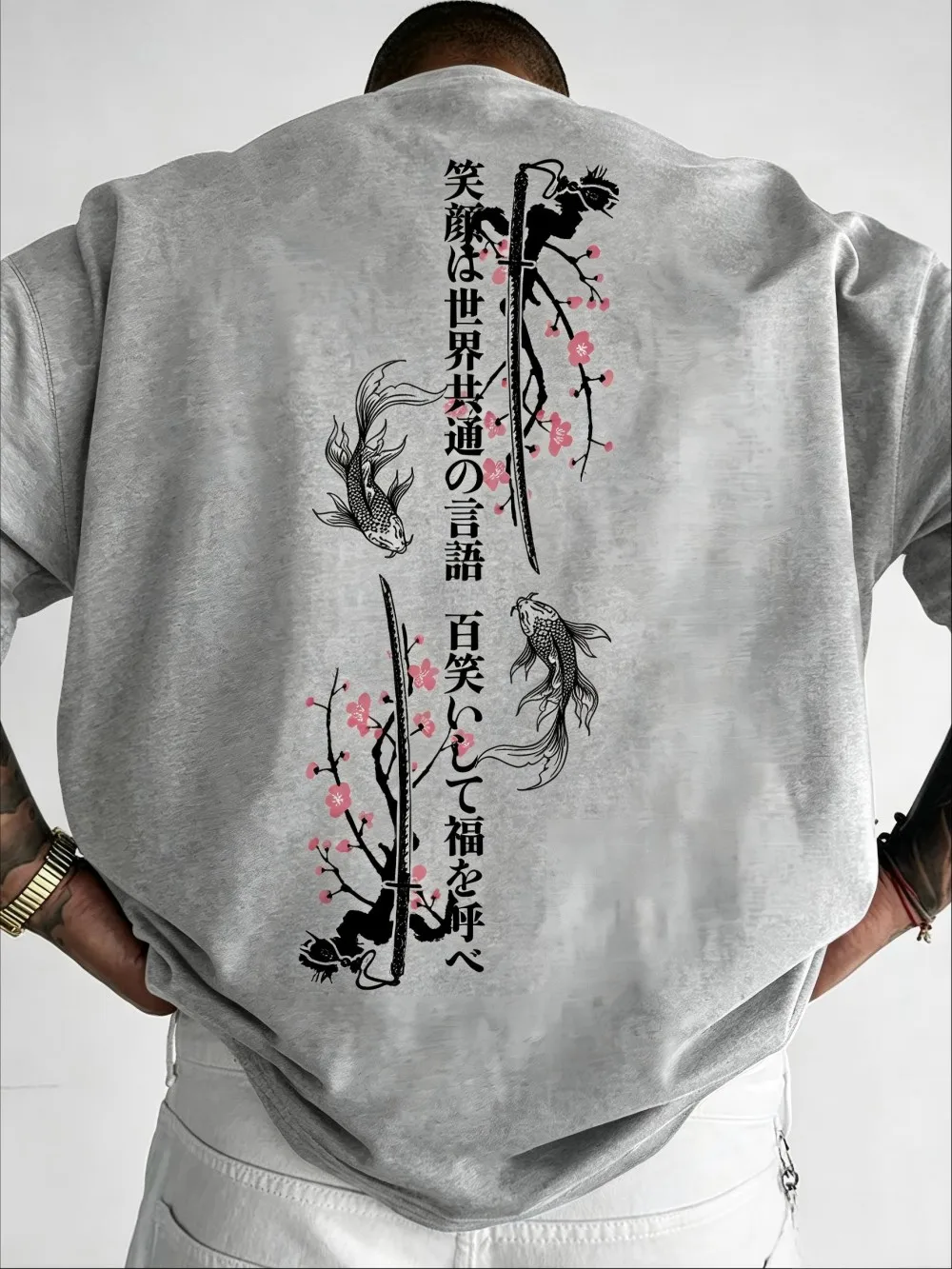 American men's summer koi samurai sword letter print micro elastic breathable round neck T-shirt outdoor casual style top