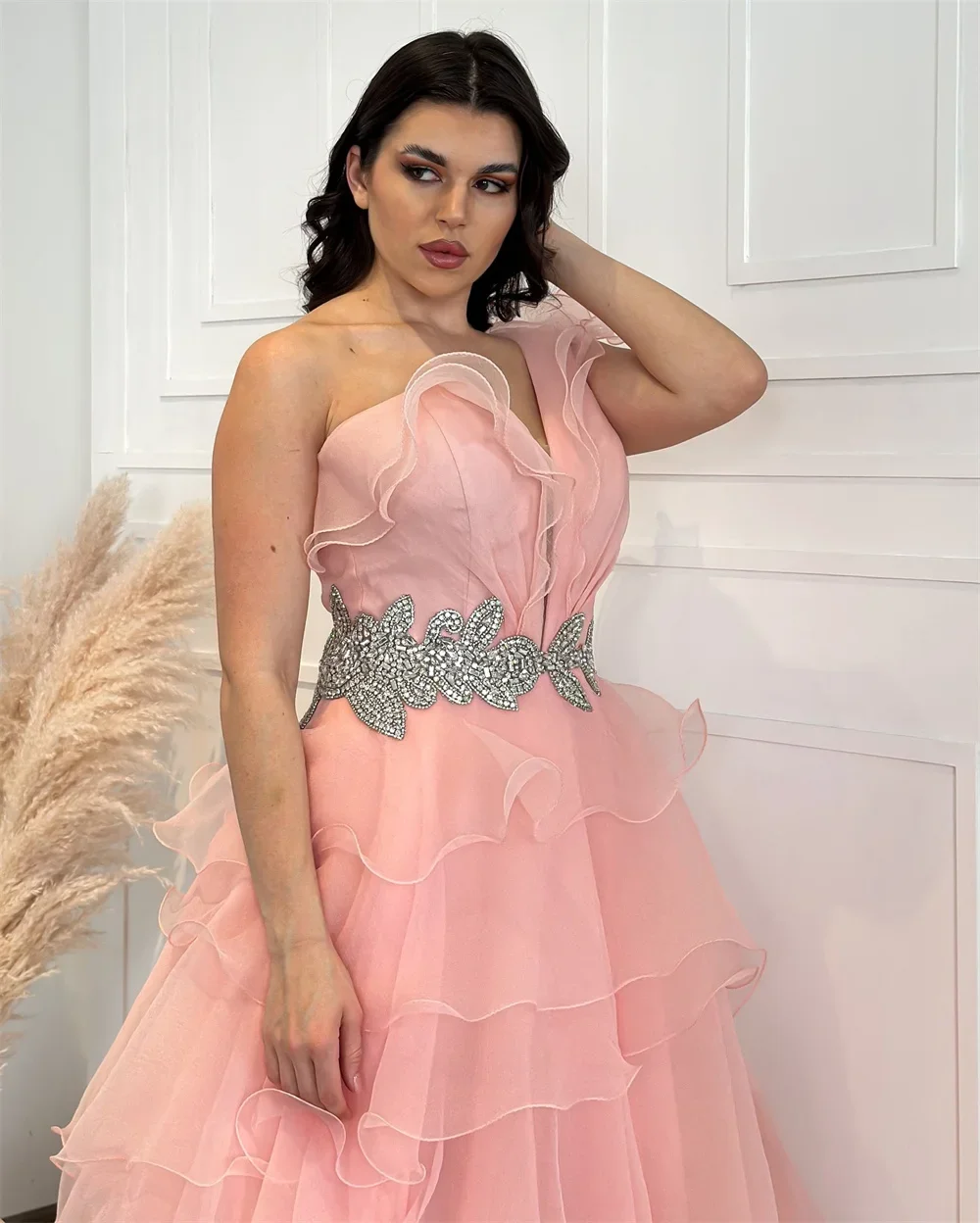 Customized Saudi Arabia Prom Dress Dearin One Shoulder Ball Floor Length Open Back Skirts Draped Tulle Sleeveless Bead Flouncing