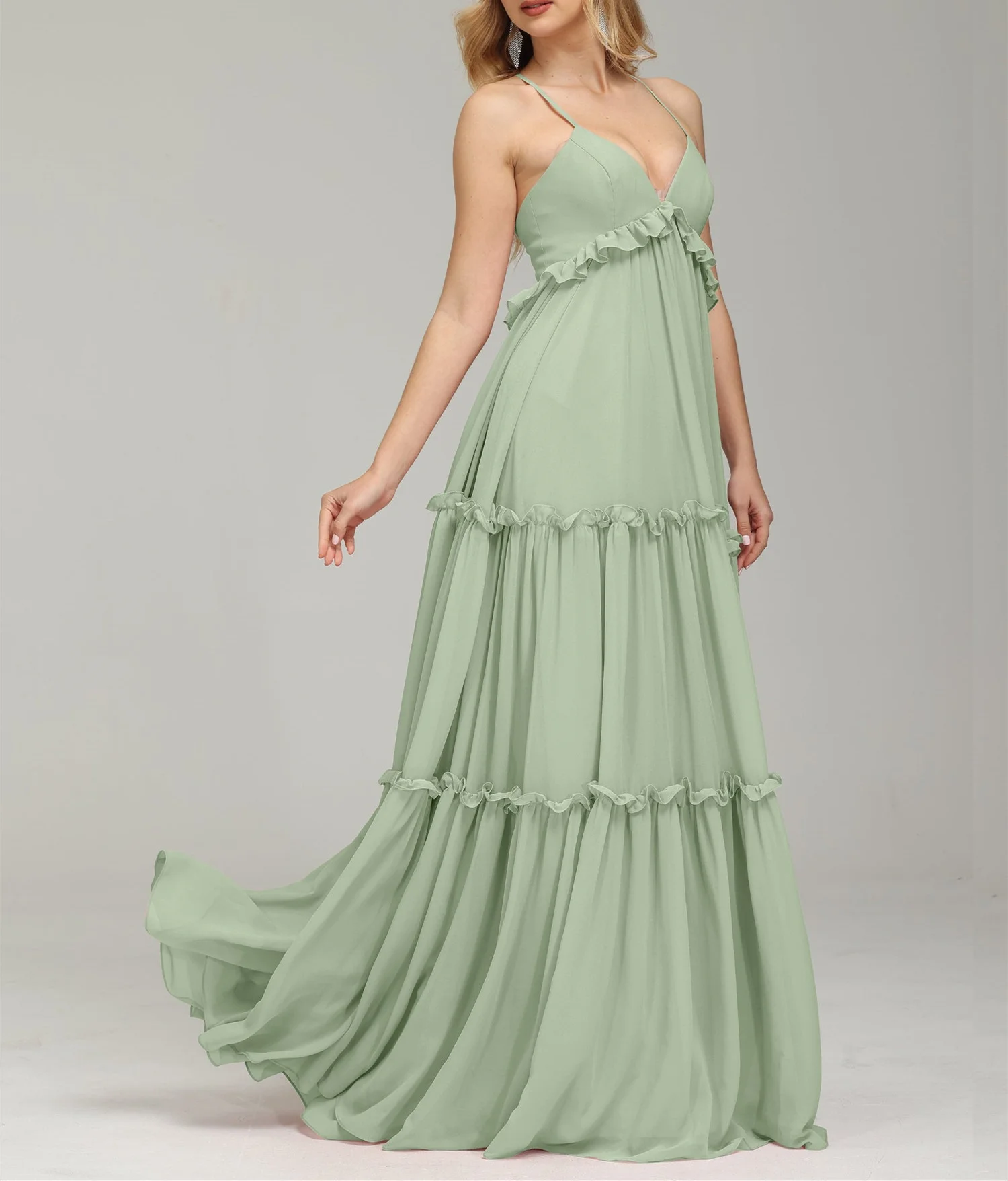 

Chiffon V-neck A-line Bridesmaid Dresses Pleated Spaghetti Straps Ruffles Empire Waist Formal Evening Gowns Elegant Party Dress