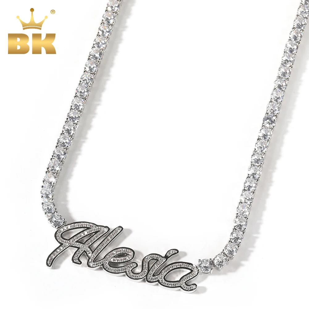 THE BLING KING Custom Cursive Letters Pendant Iced Out Bling Cubic Zircon With 4mm Tennis Chain Necklace Charm Hiphop Jewelry